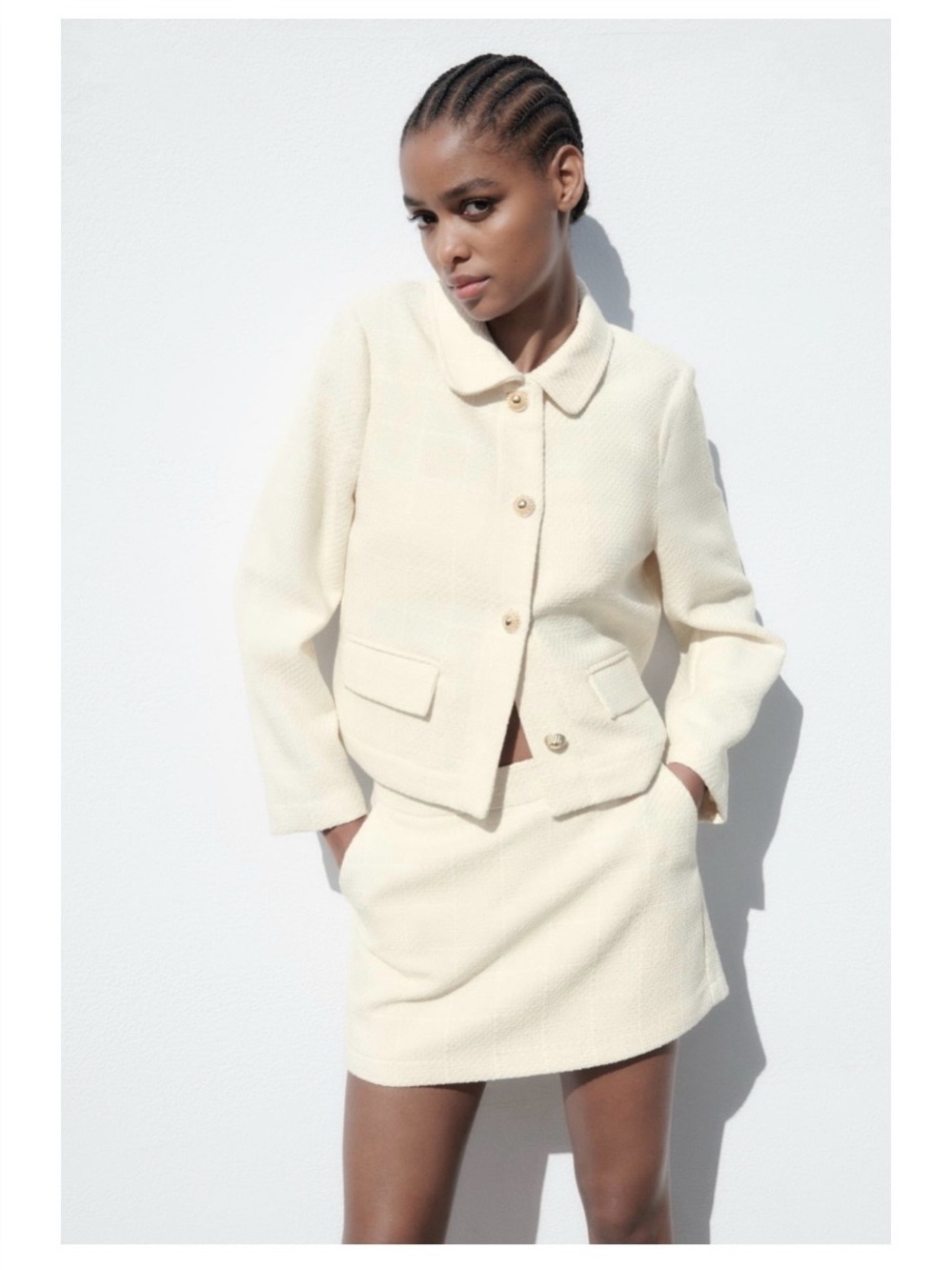 Zara Cream Textured Cropped Jacket Set